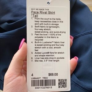 Lululemon Pace Rival Skirt Tall Size 4